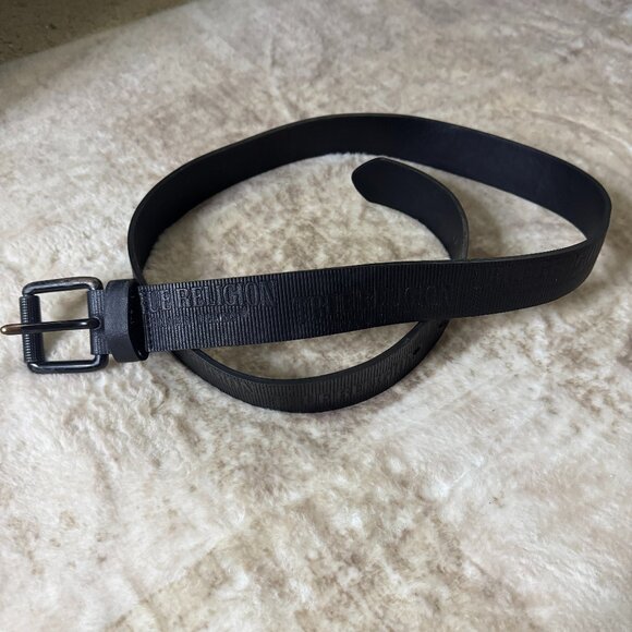 True Religion Black PU "Leather" Belt w/ TR Branding All Over, Size 42 - Picture 1 of 6